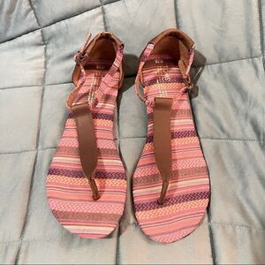 Toms Playa T-Strap Brown Leather & Multicolored Striped Sandals
